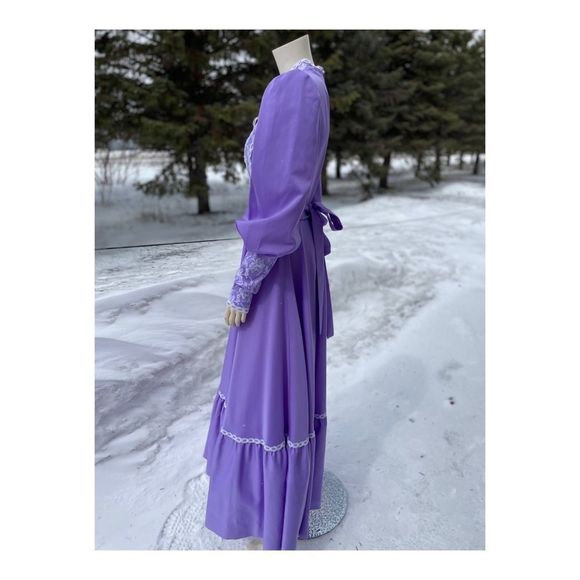 Vintage 70s Prairie Style Maxi Dress Lilac Lace Cottagecore Farmcore M - Picture 6 of 15